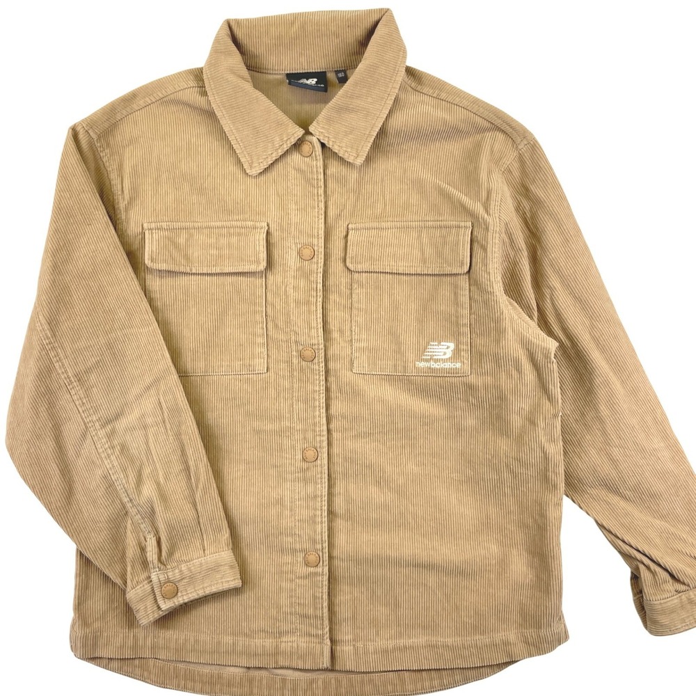 New Balance Boys Size 14-16 XL Beige Corduroy Button Up Shirt Shacket Logo